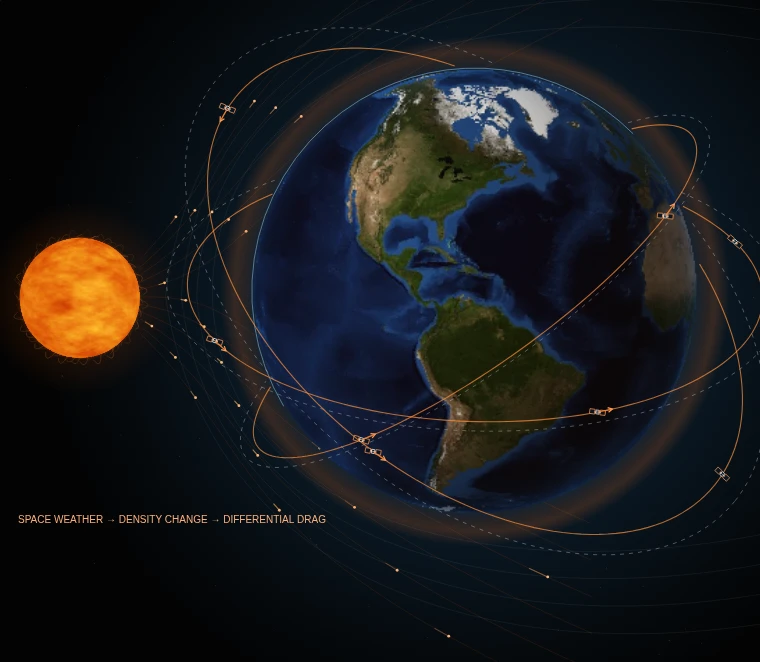 Conceptual constellation and exaggerated space-weather drag effects.
