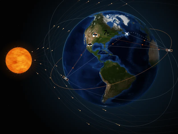 Conceptual GNSS satellites connected to aviation, mobility and precision agriculture.